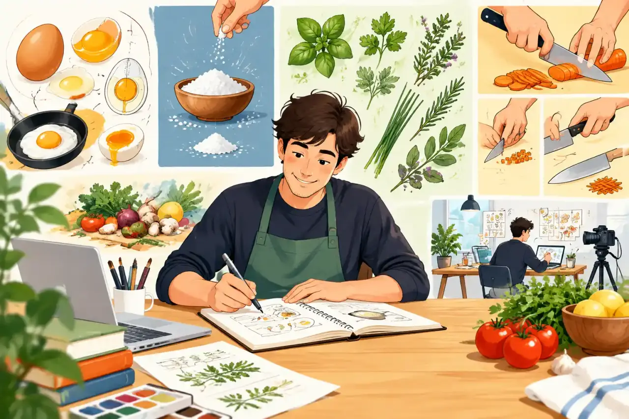 Illustration d'un plan de travail créatif avec des dessins d'ingrédients et des ustensiles de cuisine