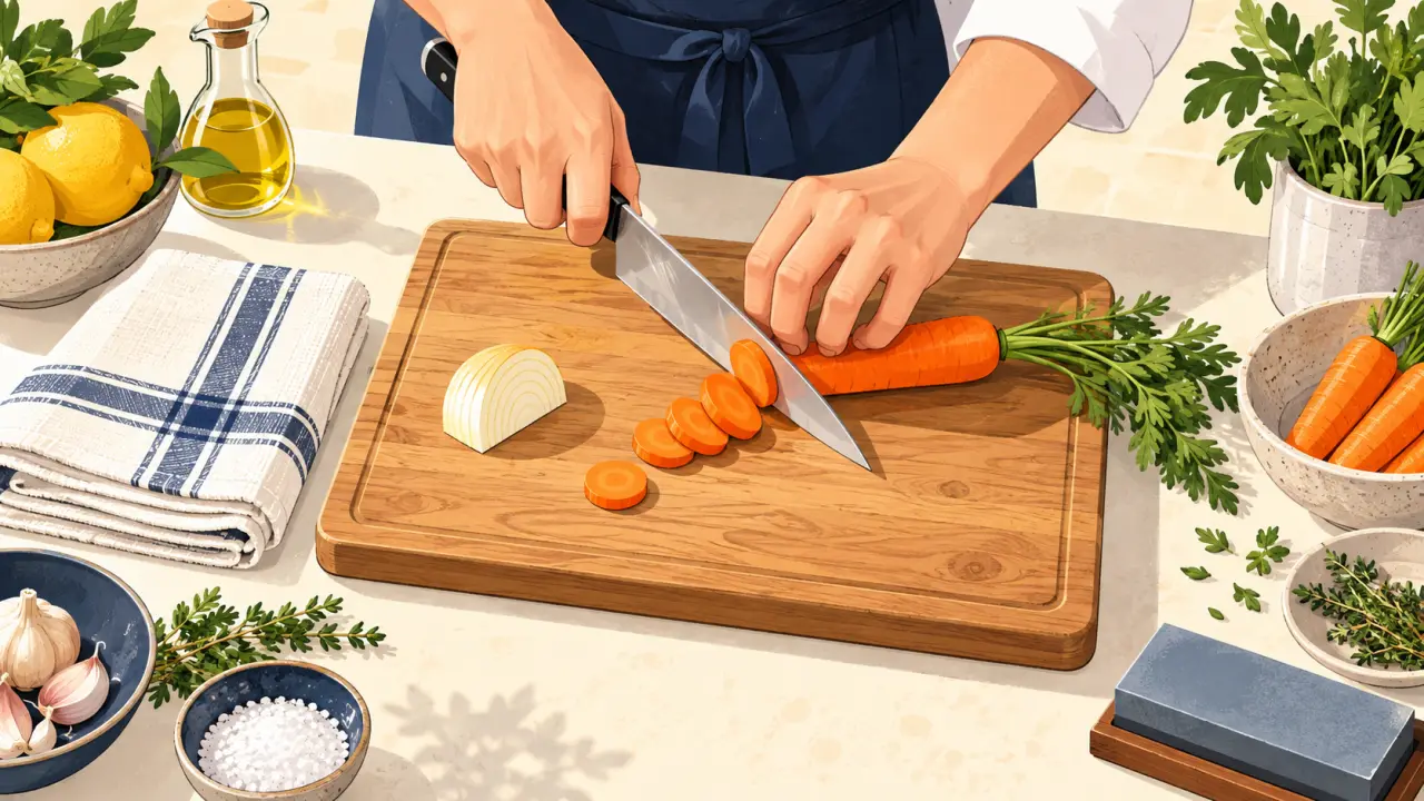 Illustration d'une main tenant un couteau de cuisine au-dessus d'une planche à découper